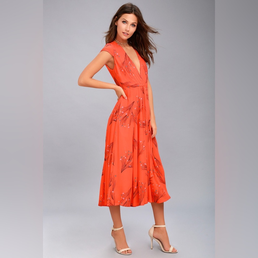 Free People Retro Coral Orange Floral Print Midi Dress Size 4